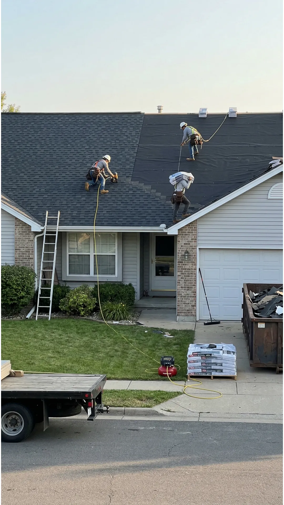 Roofing crew working on a residential home